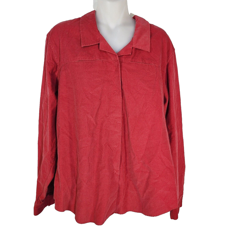 Lands End Womens Shirt Size 16 Red Corduroy Snap Front Top Long Sleeve Vintage